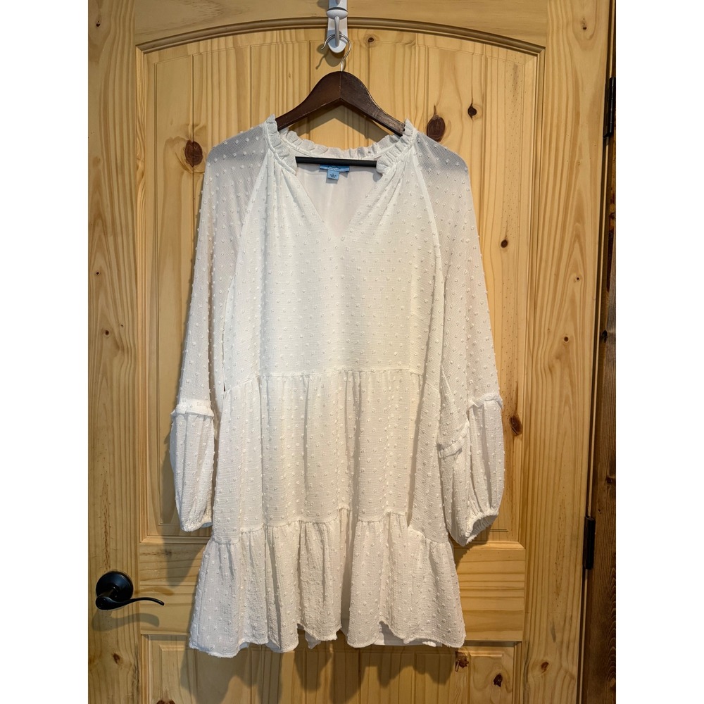 CeCe White Clip Dot Tiered Ruffle V-Neck Long Sleeve Shift Mini Dress Large